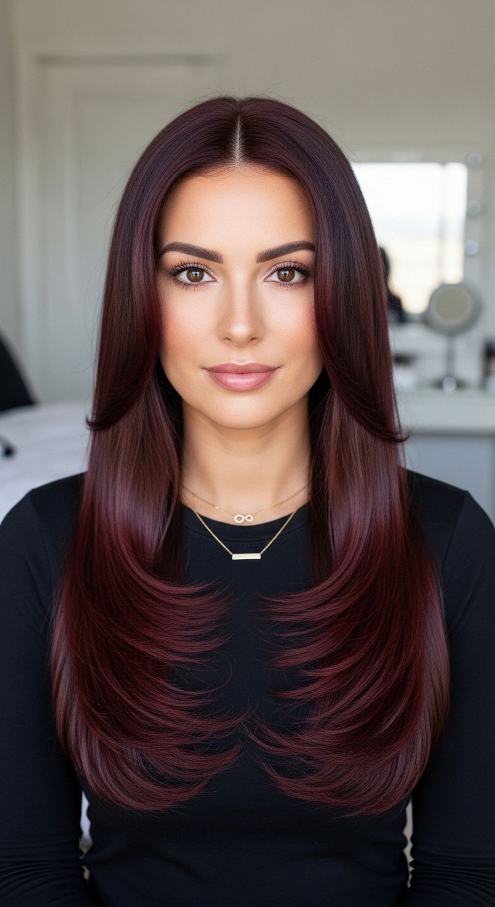 Cherry Gloss Sleek Middle Part Hairstyle