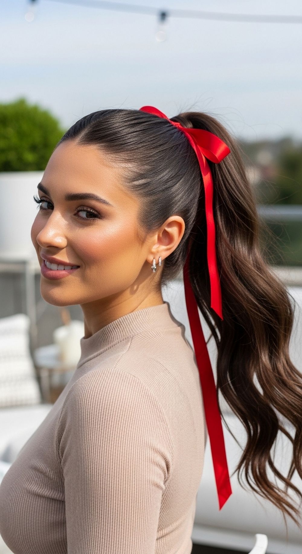 Cherry Ribbon High Ponytail Hairstyle