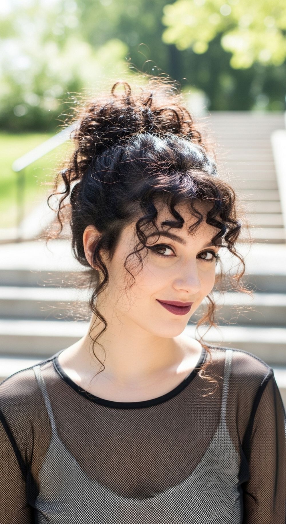 Curly Messy Bun Romantic Goth Updo Hairstyle