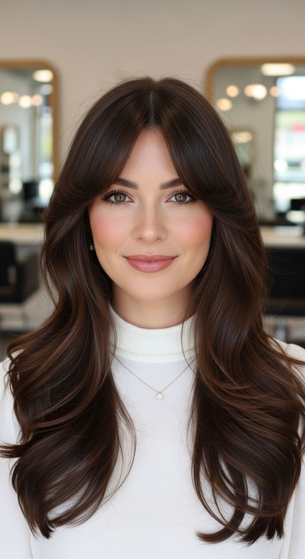 Glossy Brunette Waves With Curtain Bangs Hairstyle