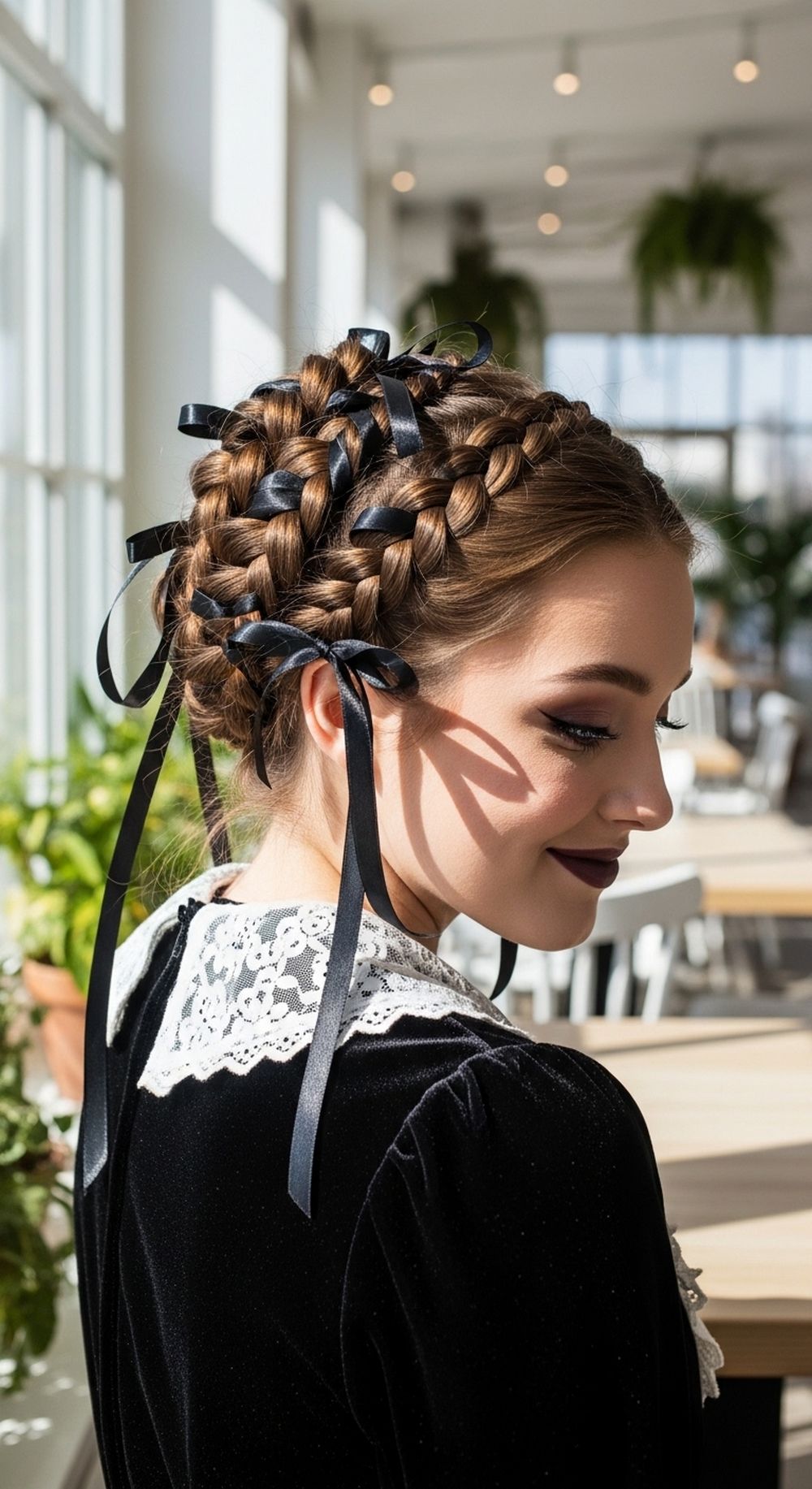 Gothic Ribbon-Wrapped Braided Updo Hairstyle