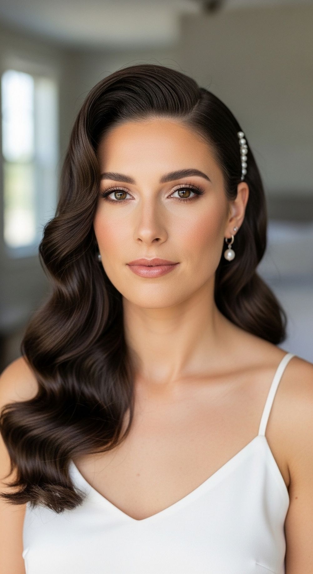 Hollywood Waves with Pearl Pin Wedding Hairstyle