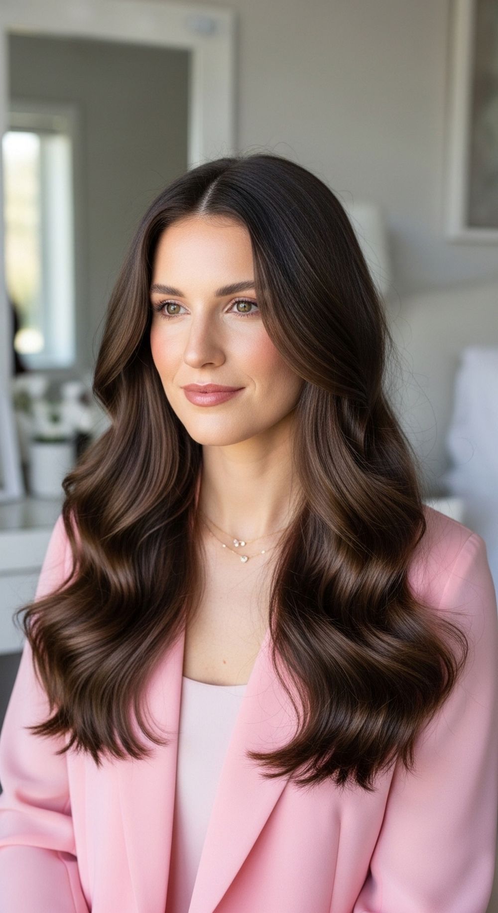 Low-Heat Air-Dried Glossy Brunette Waves Hairstyle