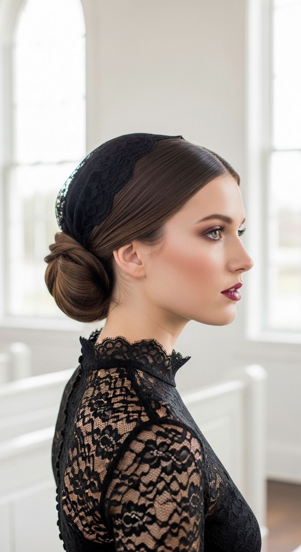 Low Veiled Knot Romantic Goth Updo Hairstyle