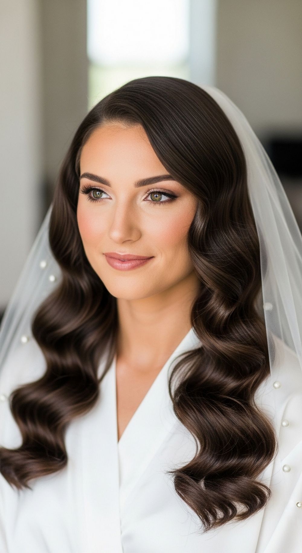 Old Hollywood Bridal Waves with Veil Wedding Hairstyle