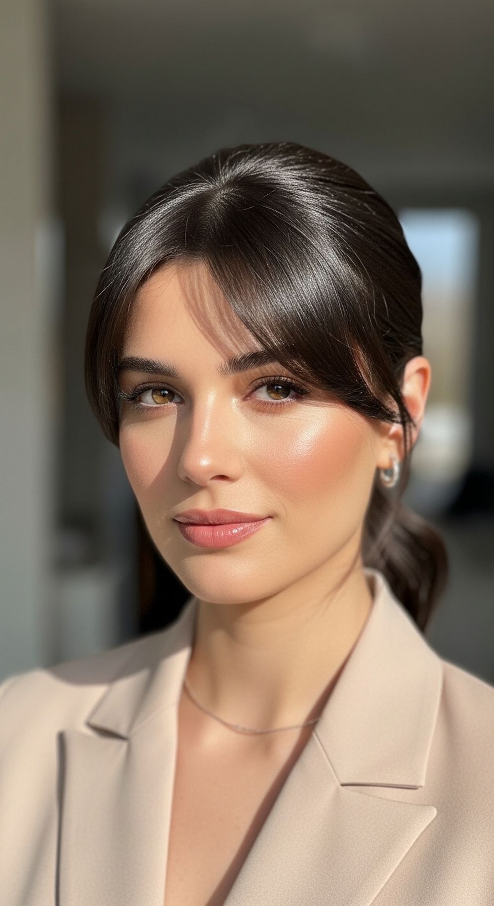 Side Swept Bangs with a Low Ponytail Hairstyle