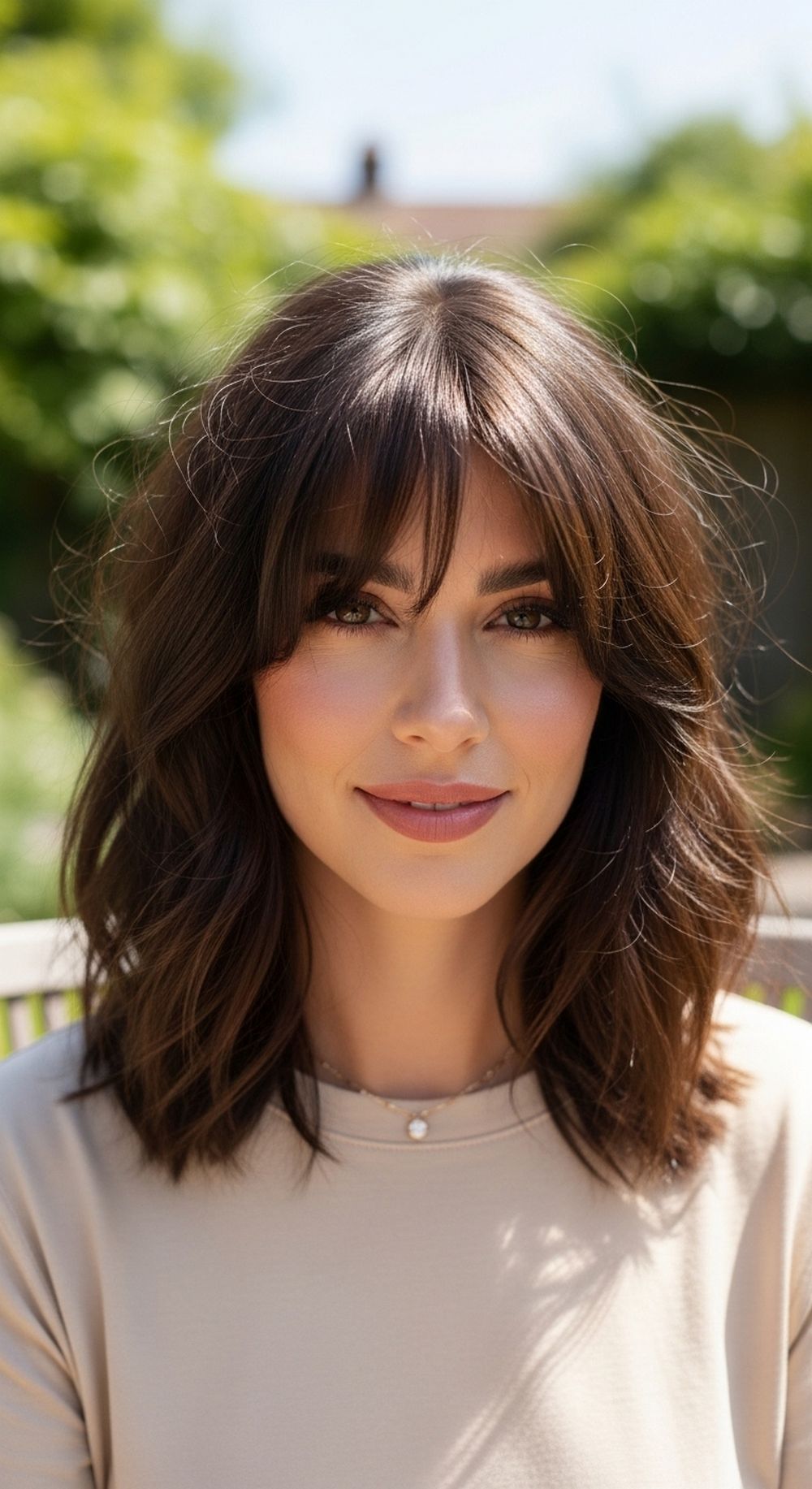 Side Swept Bangs with a Shoulder-Length Shag Hairstyle