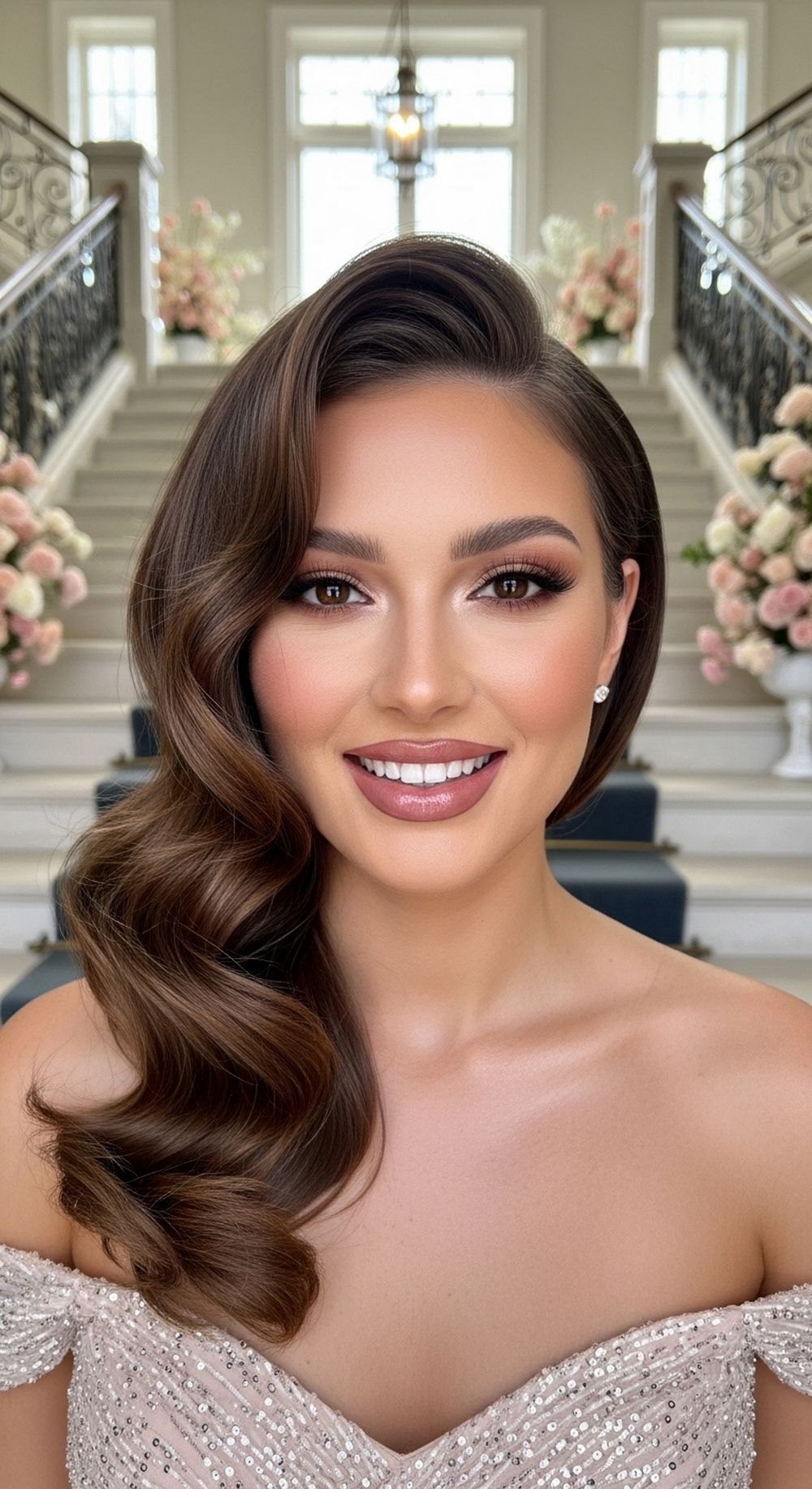 Side-Swept Glam Curls Red Carpet Hairstyle