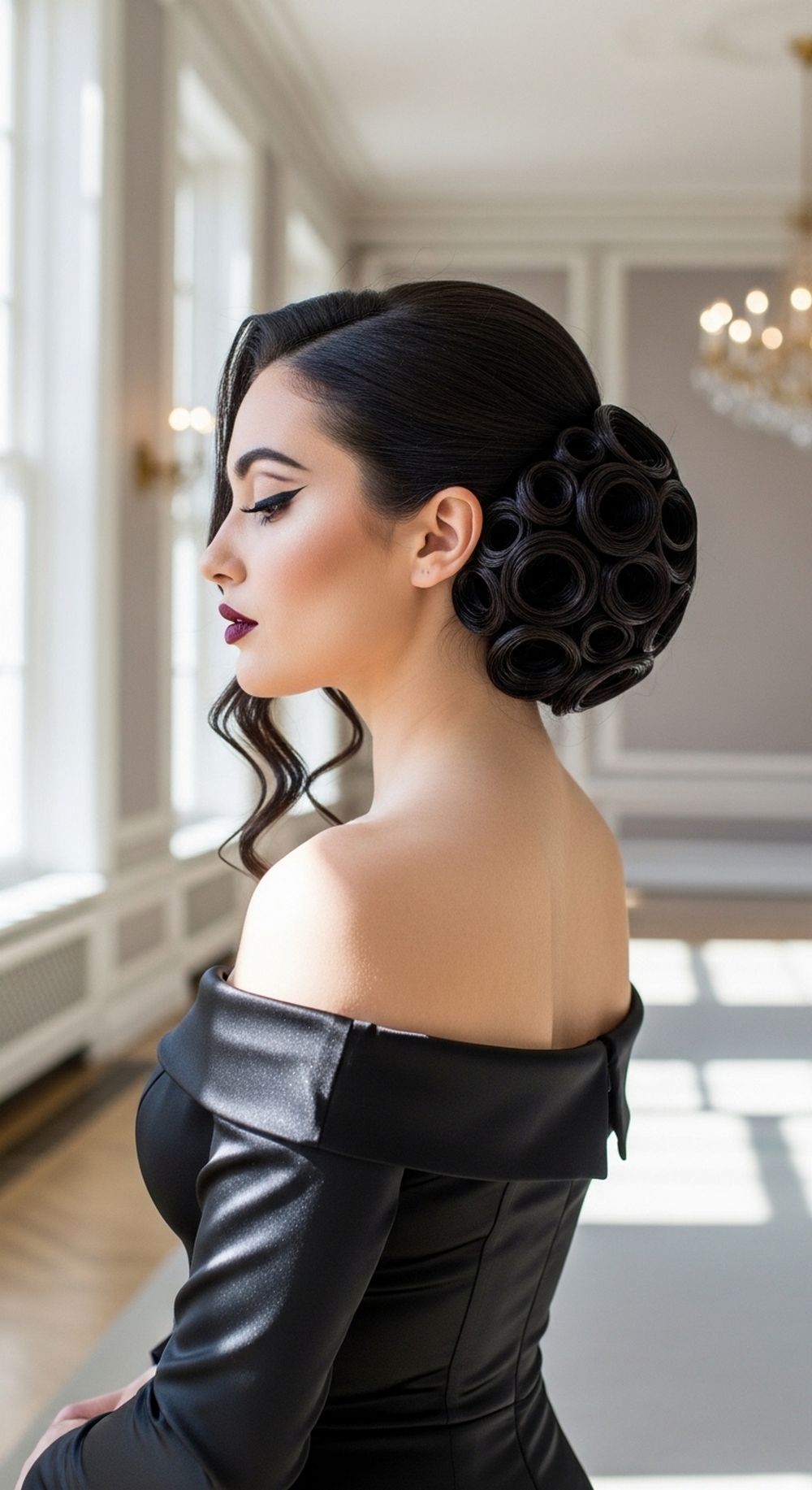 Side Swept Rose Bun Romantic Goth Updo Hairstyle