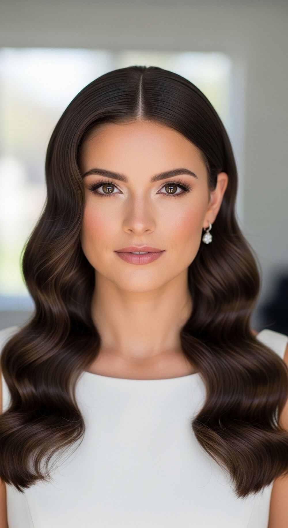 Sleek Center-Part Hollywood Waves Wedding Hairstyle