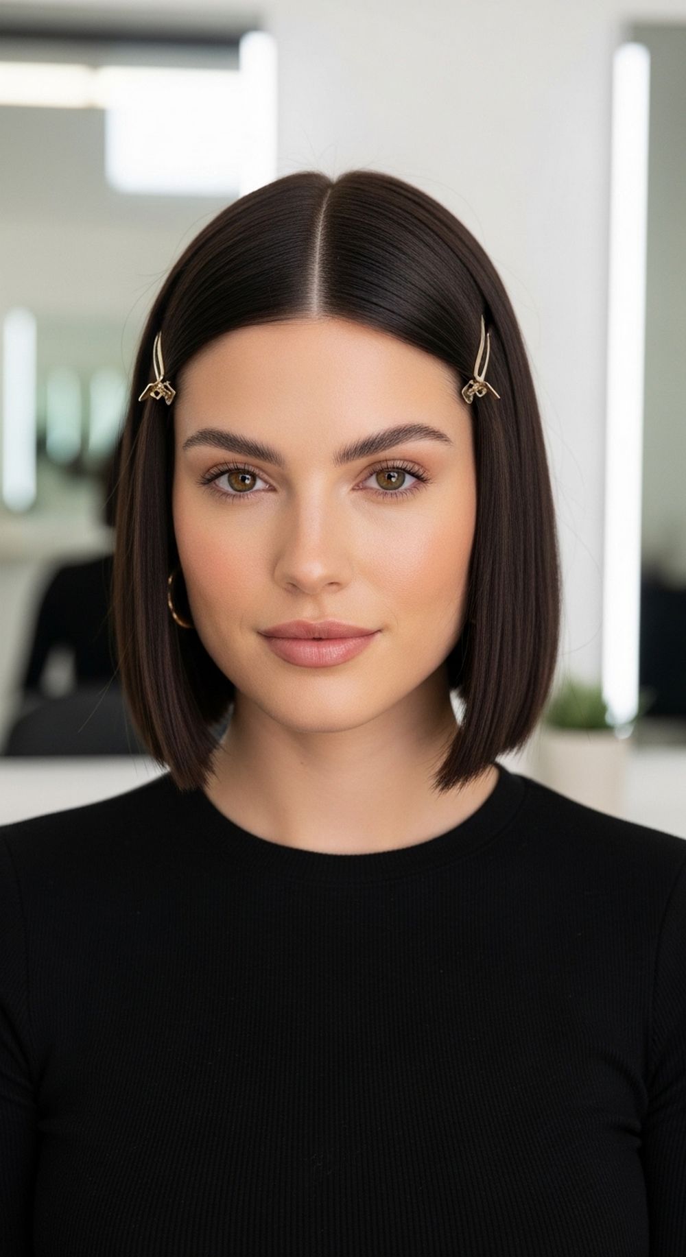 Sleek Center-Part Mini Claw Clip Bob Hairstyle