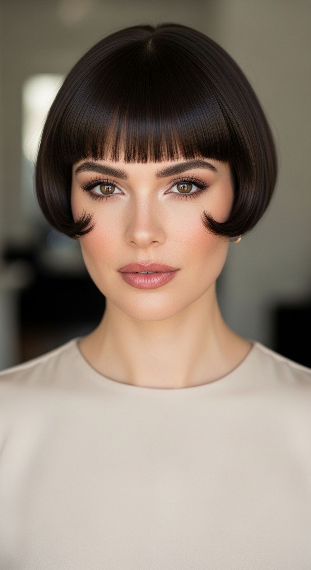 Sleek Graphic Bowl Bangs Hairstyle