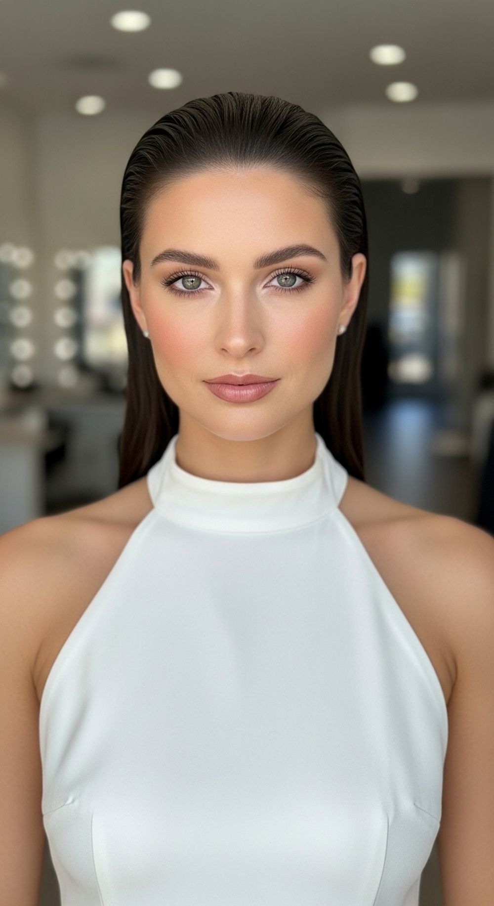 Sleek Straight Tucked-Back Halter Dress Hairstyle