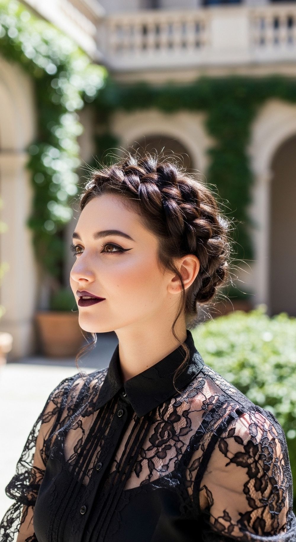 Soft Braided Crown Romantic Goth Updo Hairstyle