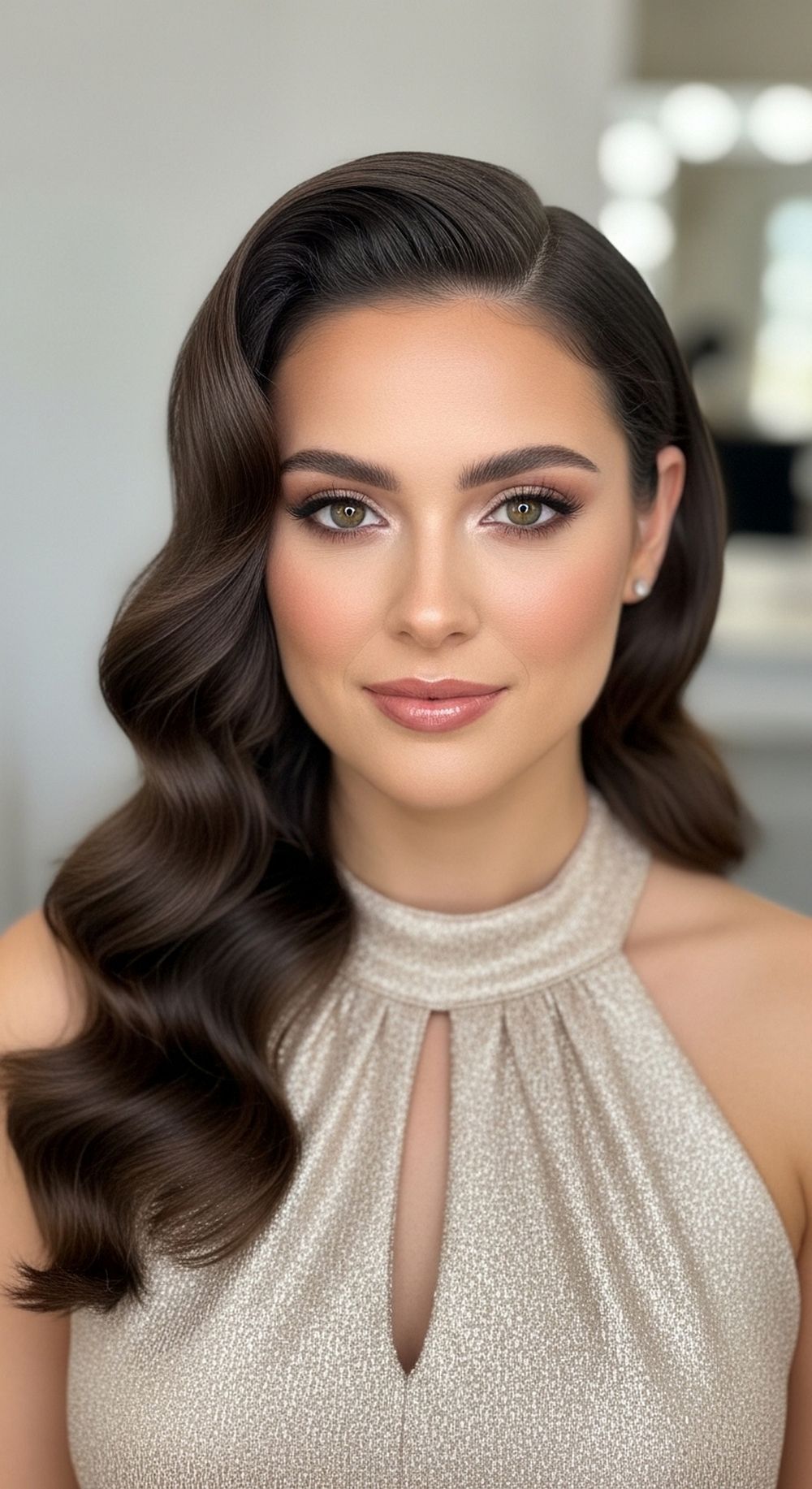 Soft Hollywood Waves for Halter Dress Hairstyle