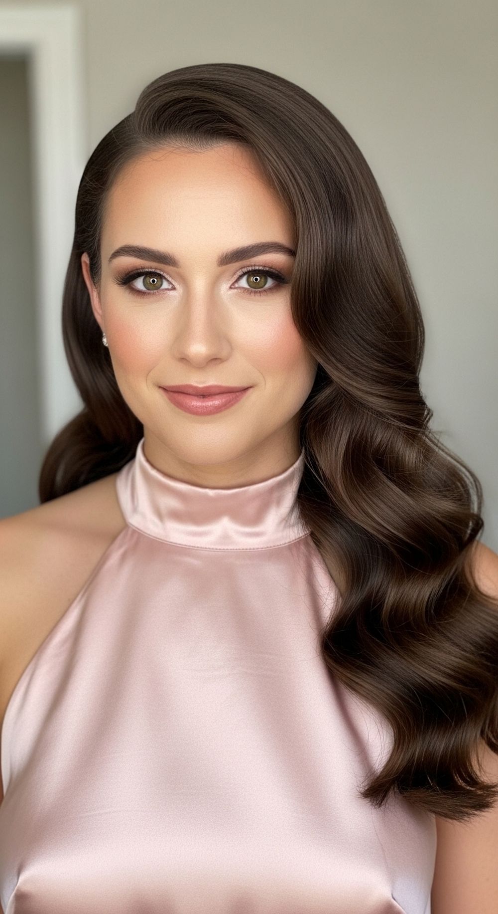 Soft Side-Swept Waves for Halter Dress Hairstyle