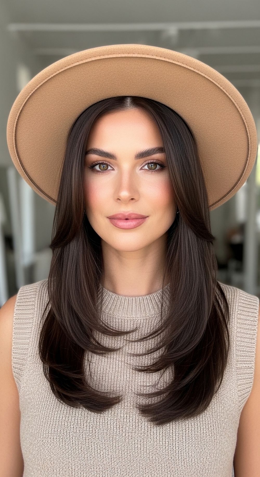 Straight Hair with Face-Framing Pieces Hat Hairstyle