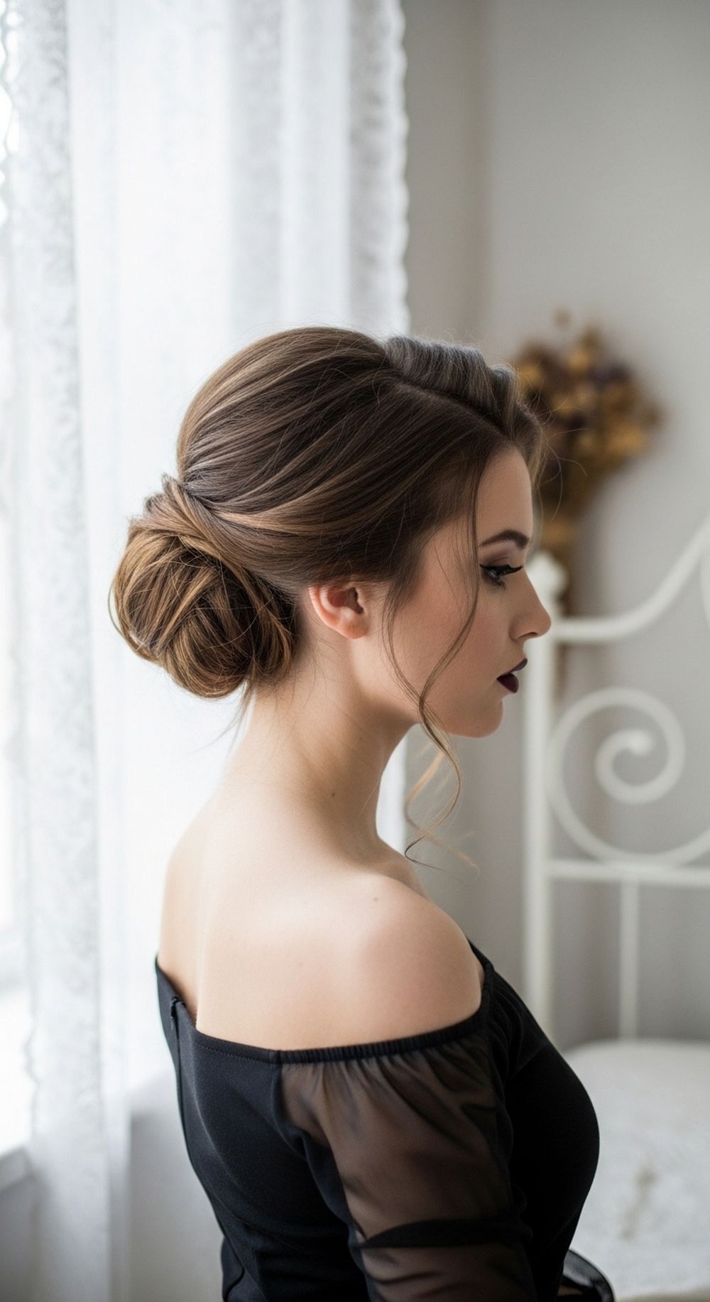 Tousled Low Chignon with Face-Framing Tendrils Romantic Goth Updo Hairstyle
