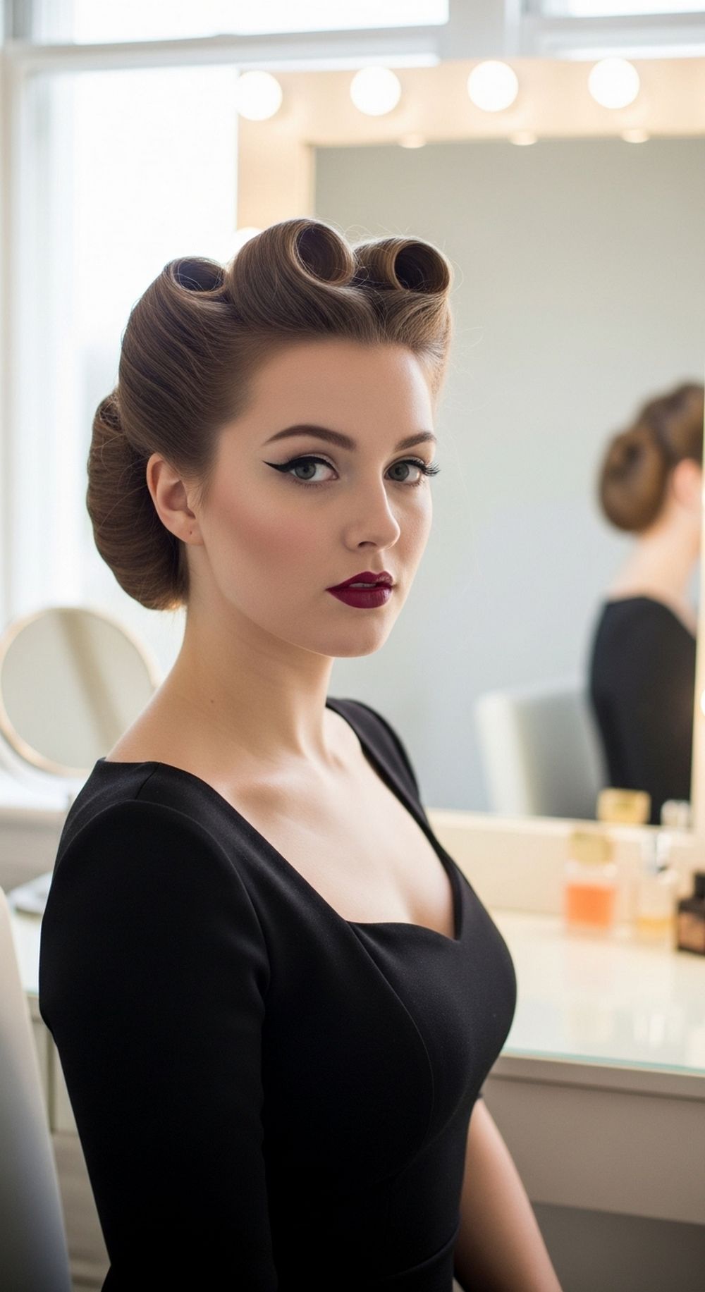 Vintage-Inspired Romantic Goth Roll Updo Hairstyle
