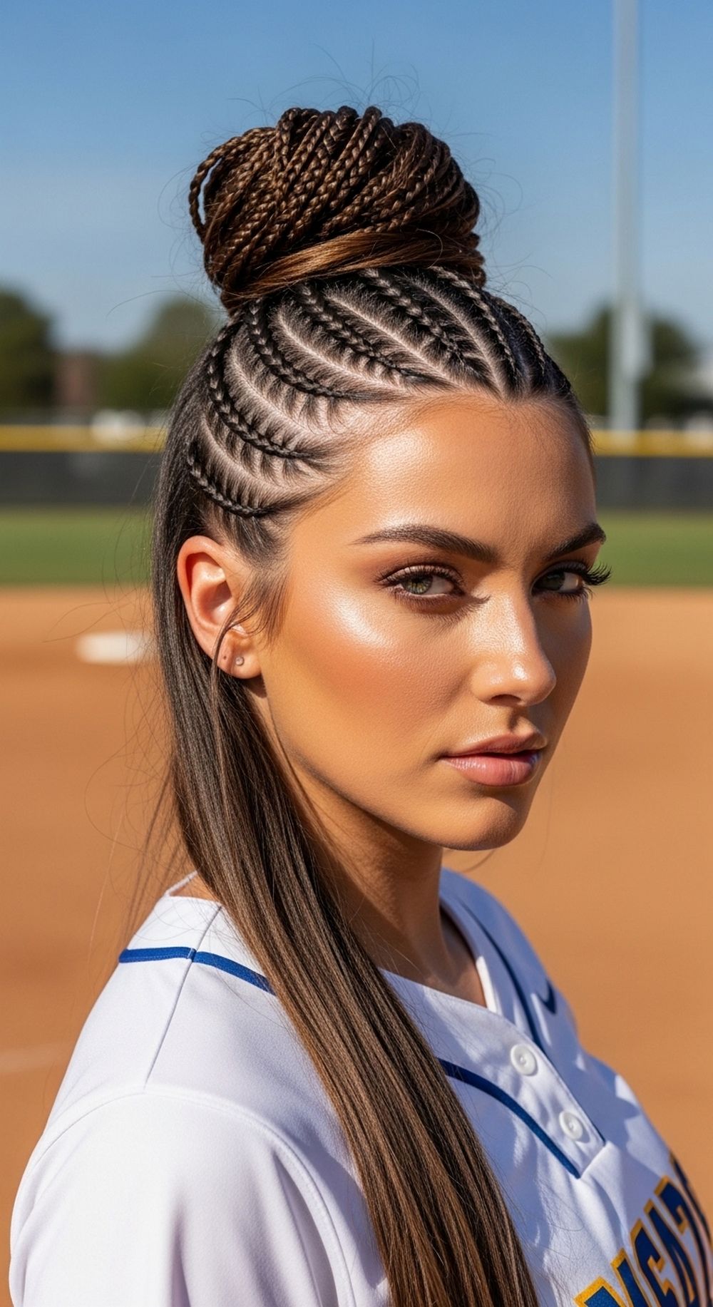 Cornrows into Bun Softball Hairstyle