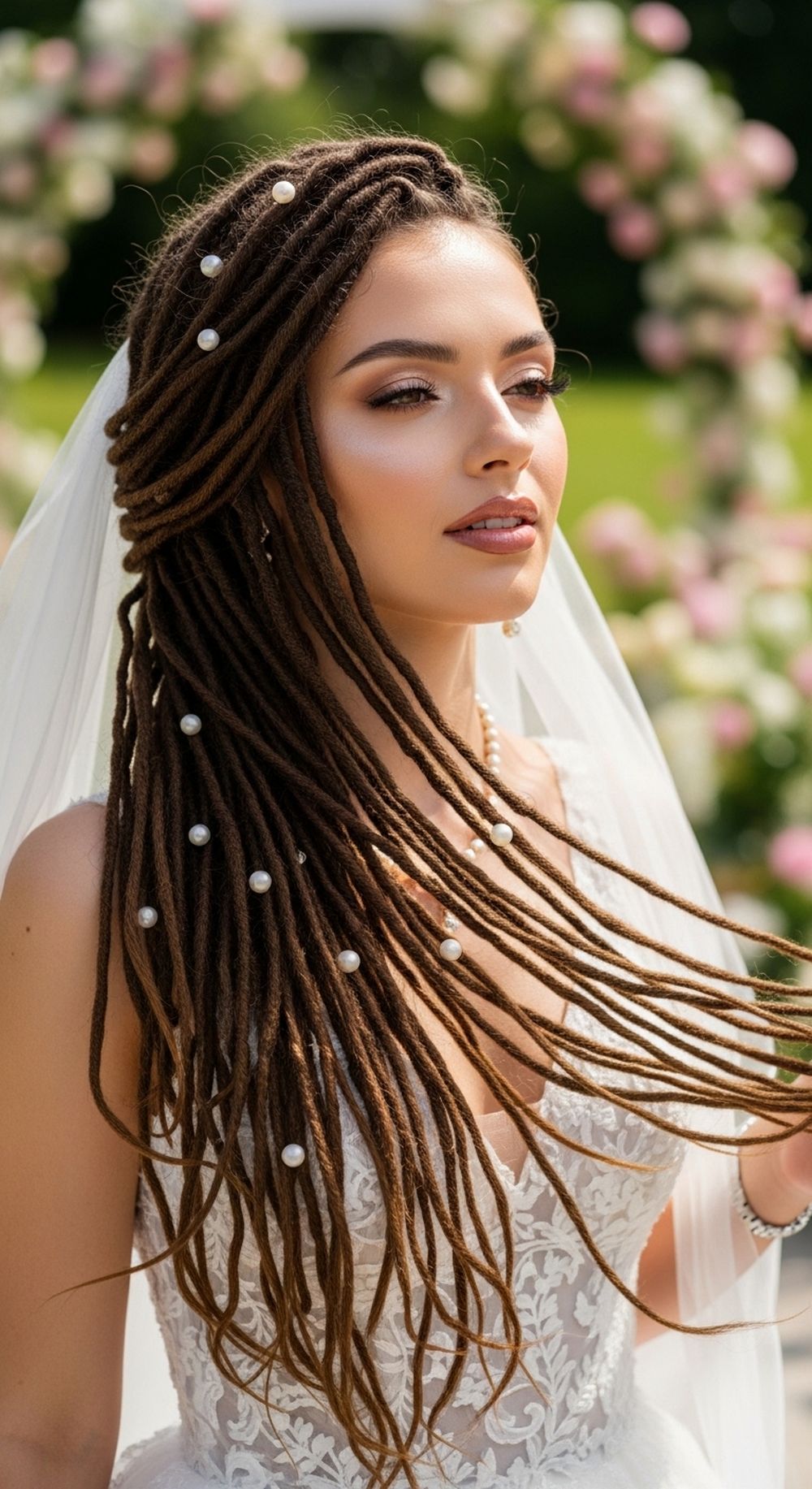 Flowing Locs with Pearl Accents Bridal Hairstyle