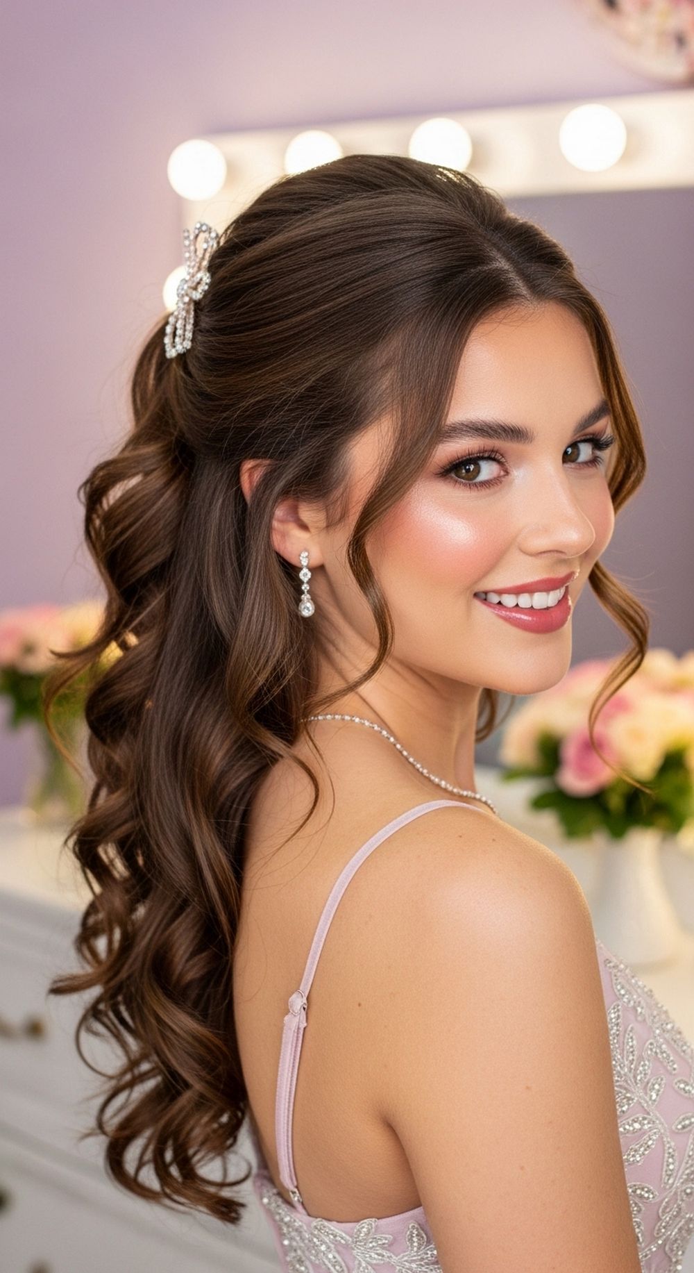 Half-Up Curly Bow Clip Prom Hairstyle