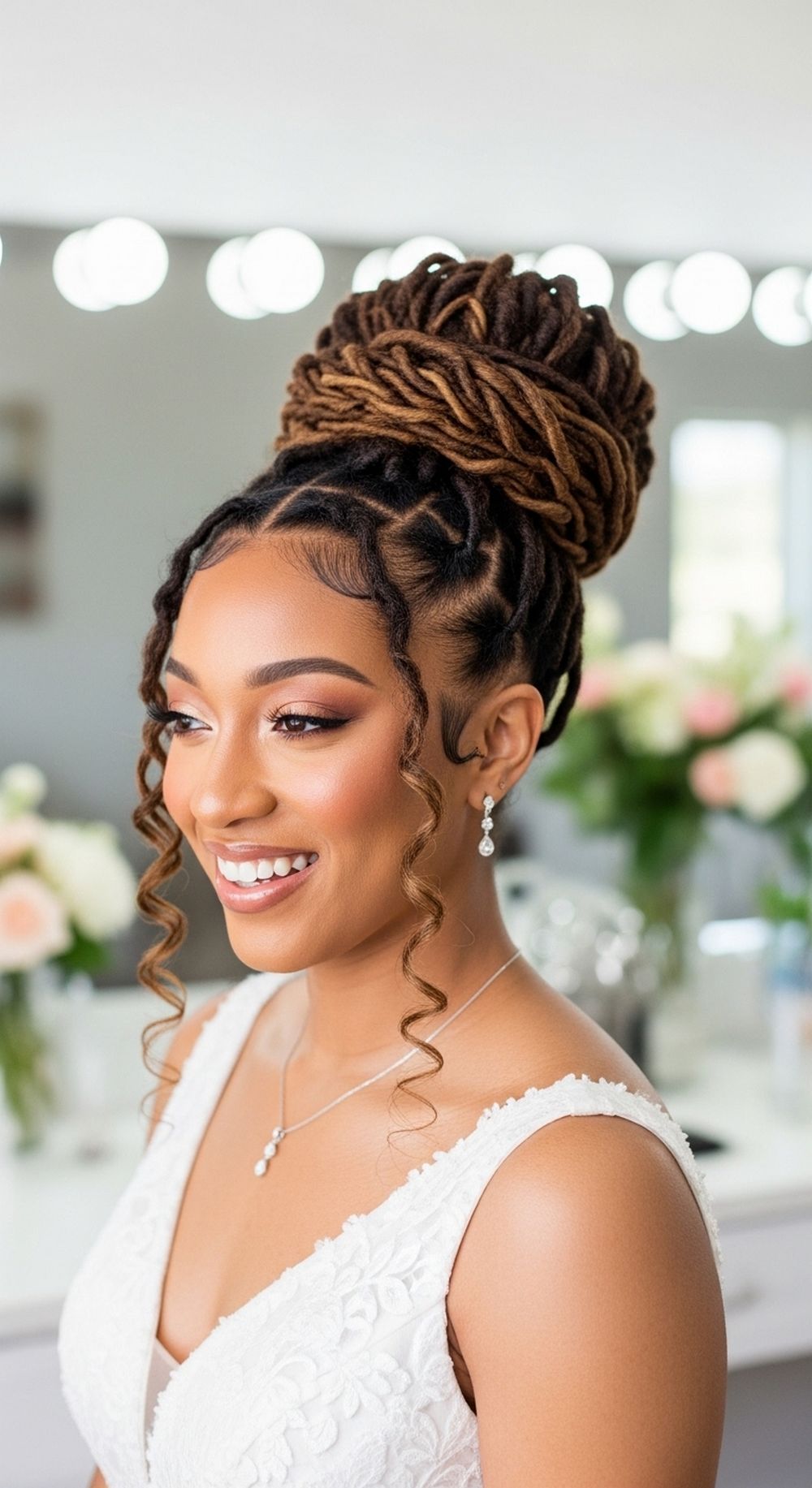 High Bun with Face-Framing Locs Bridal Hairstyle