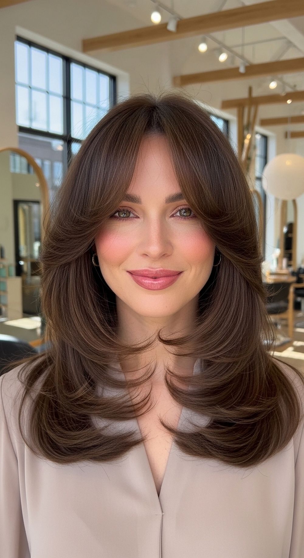 Long Feathered Layers with Curtain Bangs Hairstyle