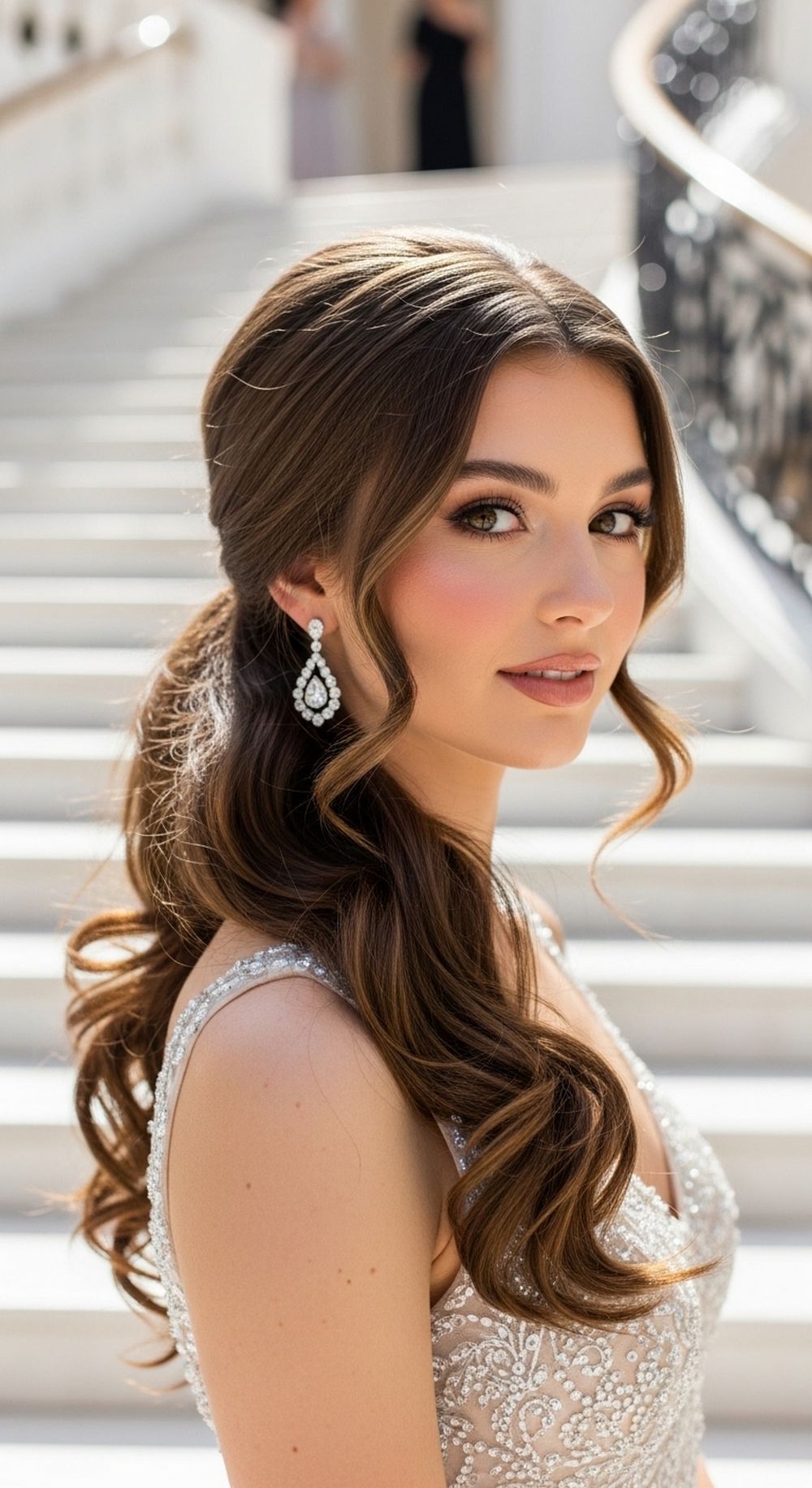 Low Curly Ponytail with Face-Framing Pieces Prom Hairstyle