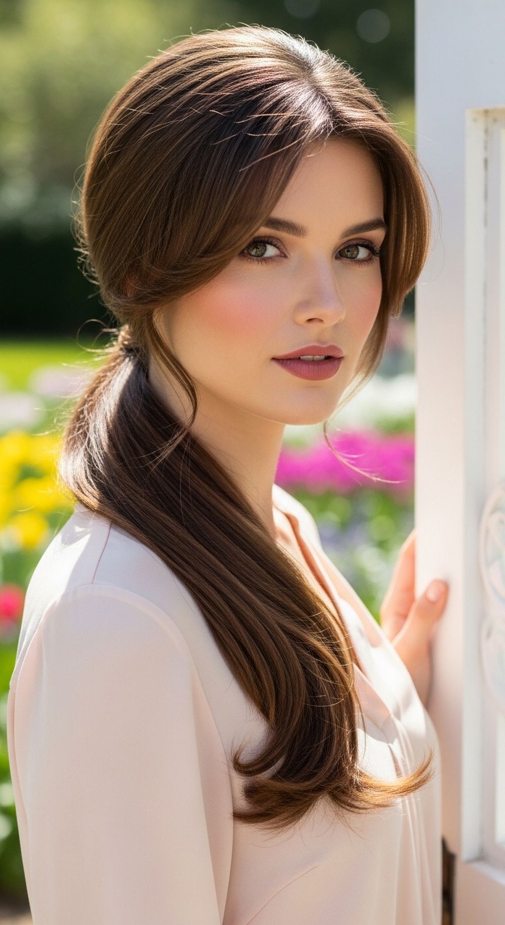 Low Ponytail with Face-Framing Pieces Spring Hairstyle