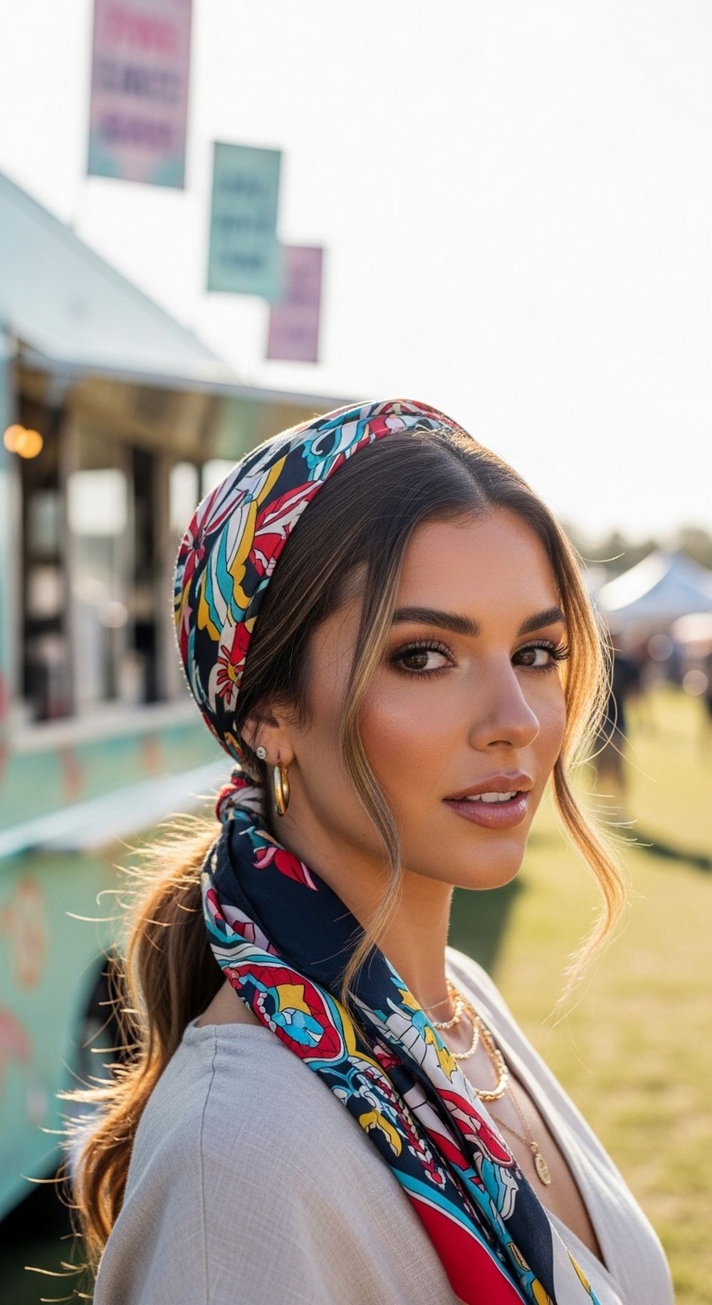 Low Ponytail with Wrapped Scarf Hairstyle