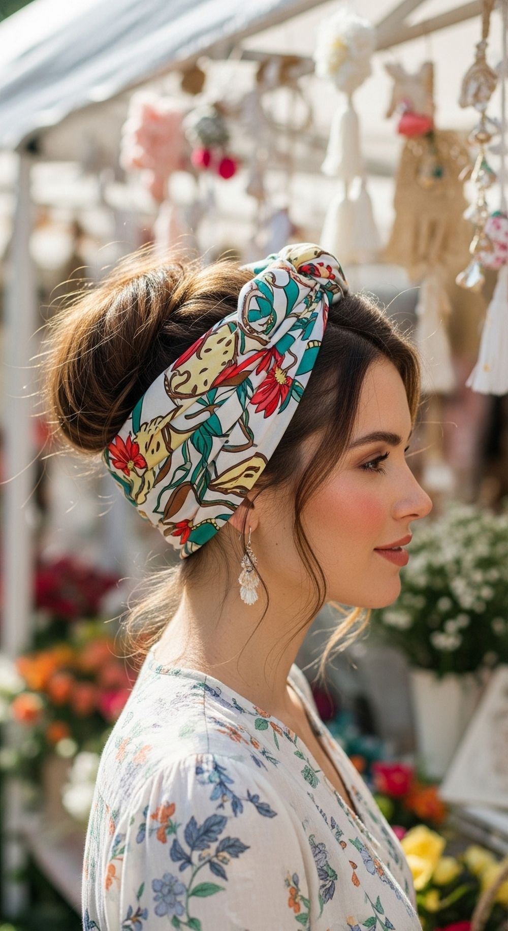 Messy Low Bun with Printed Scarf Hairstyle
