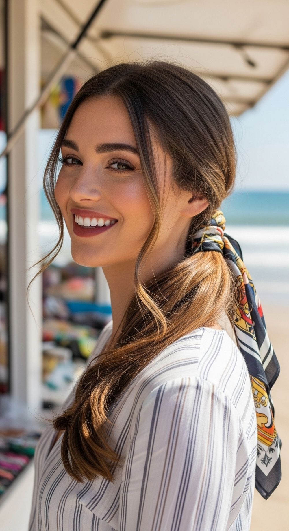 Scarf-Wrapped Low Ponytail Beach Hairstyle