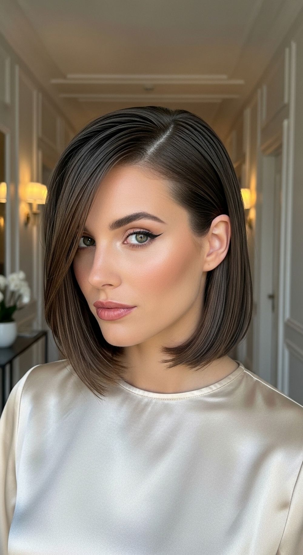 Side-Part Wet Look Bob Hairstyle