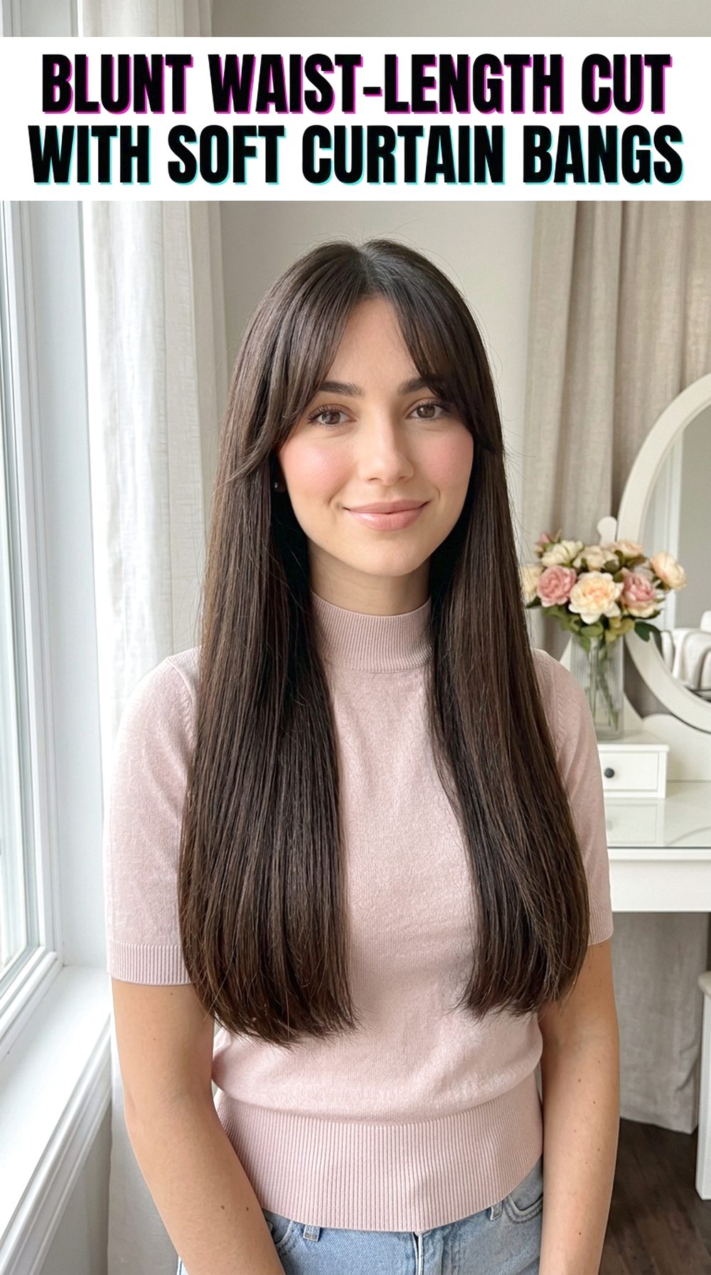 Blunt Waist-Length Cut With Soft Curtain Bangs