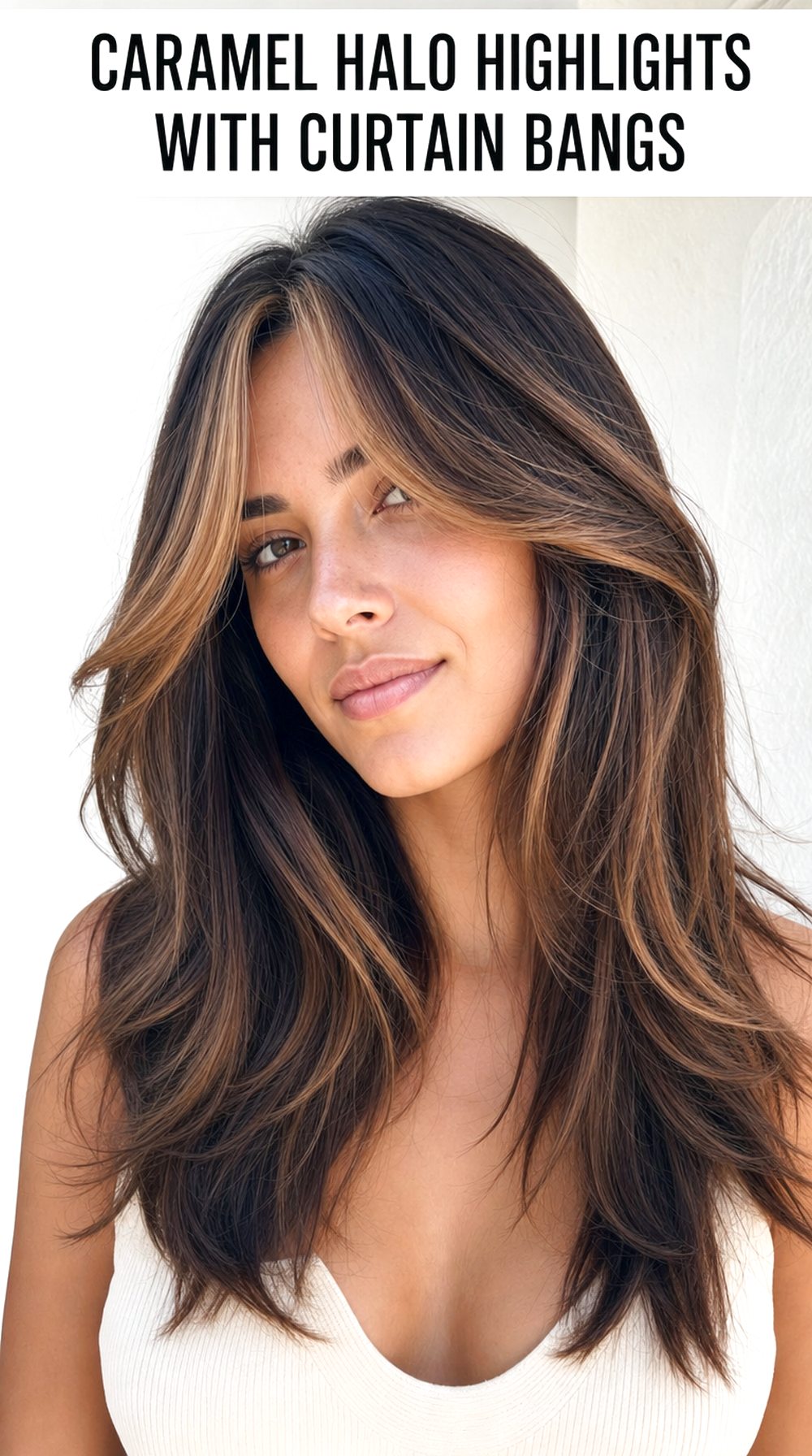 Caramel Halo Highlights with Curtain Bangs