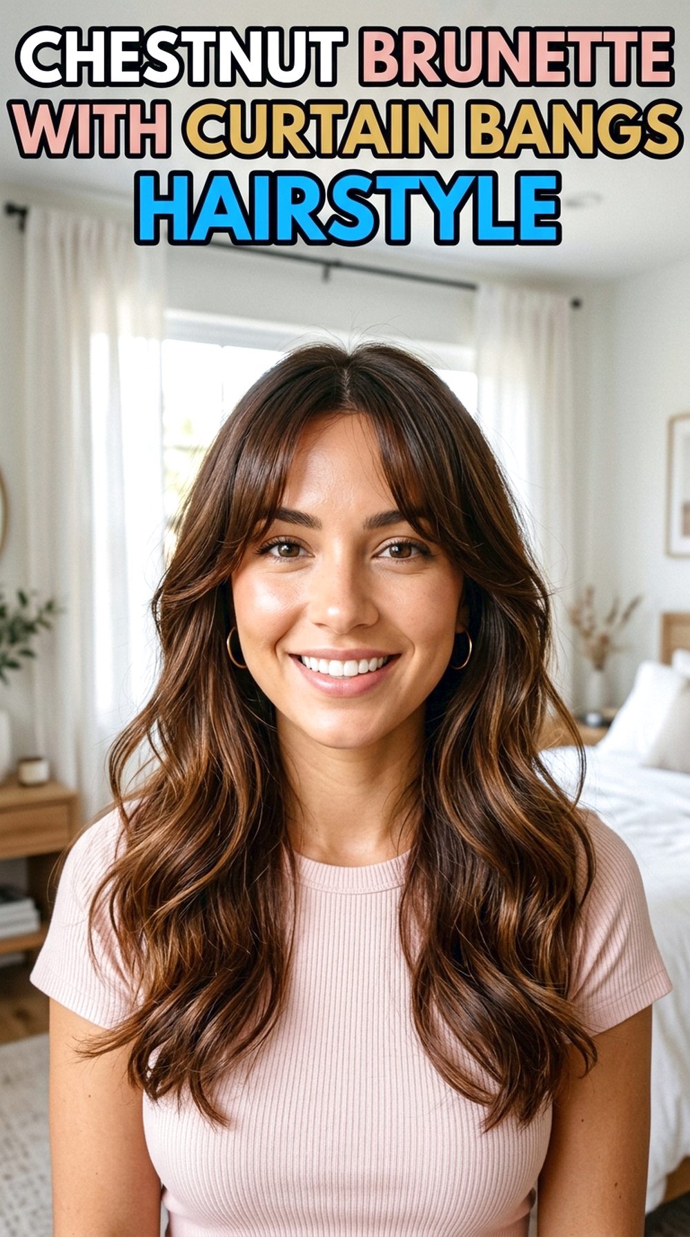 Chestnut Brunette With Curtain Bangs