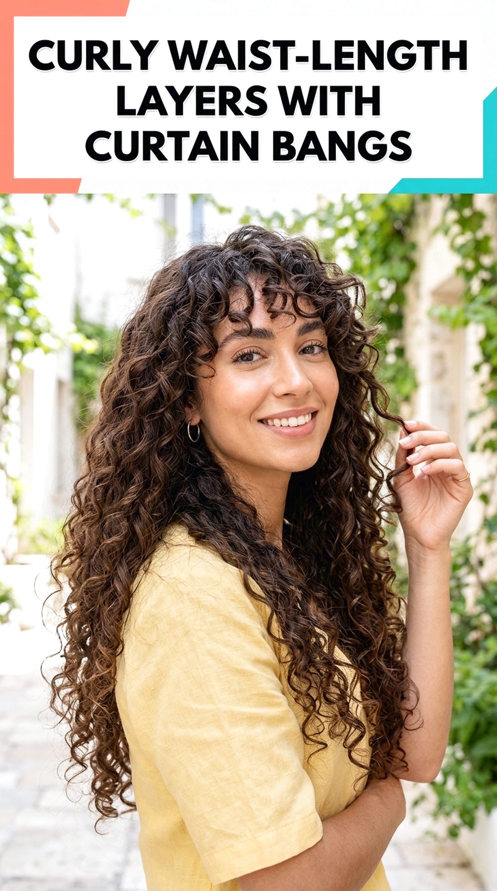 Curly Waist-Length Layers With Curtain Bangs