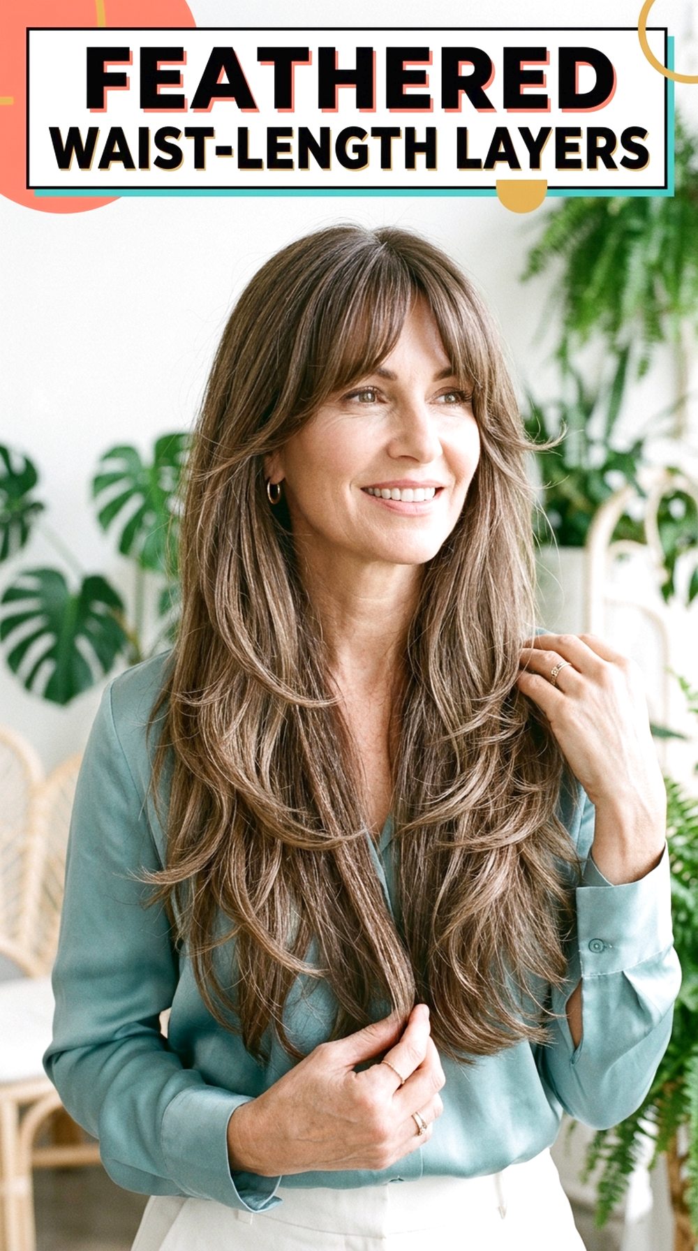 Feathered Waist-Length Layers With Curtain Bangs