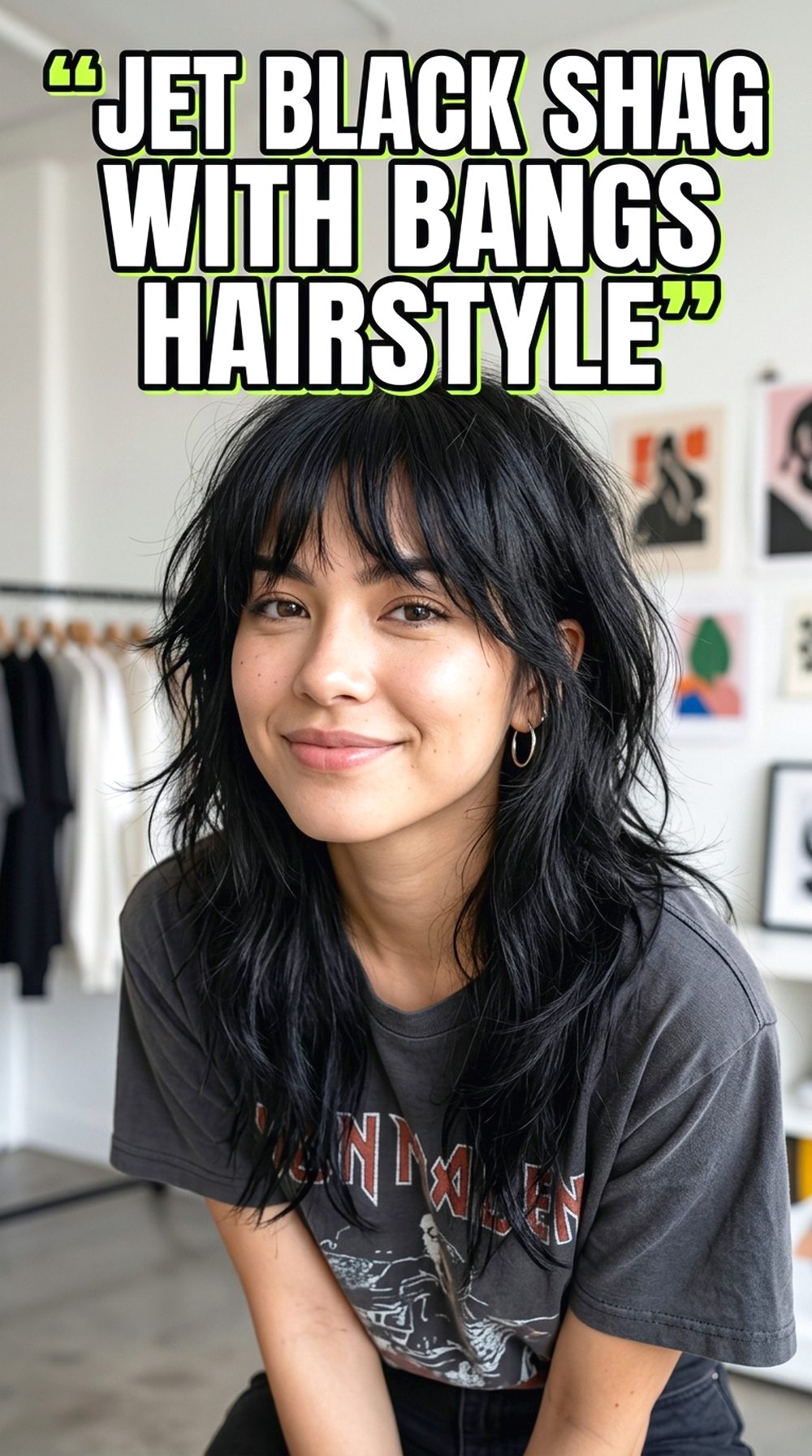 Jet Black Shag With Bangs