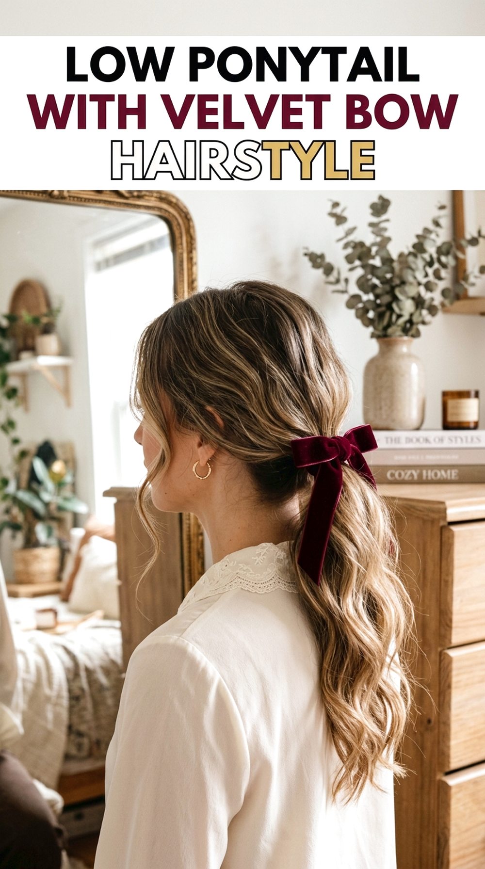 Low Ponytail With Velvet Bow Hairstyle