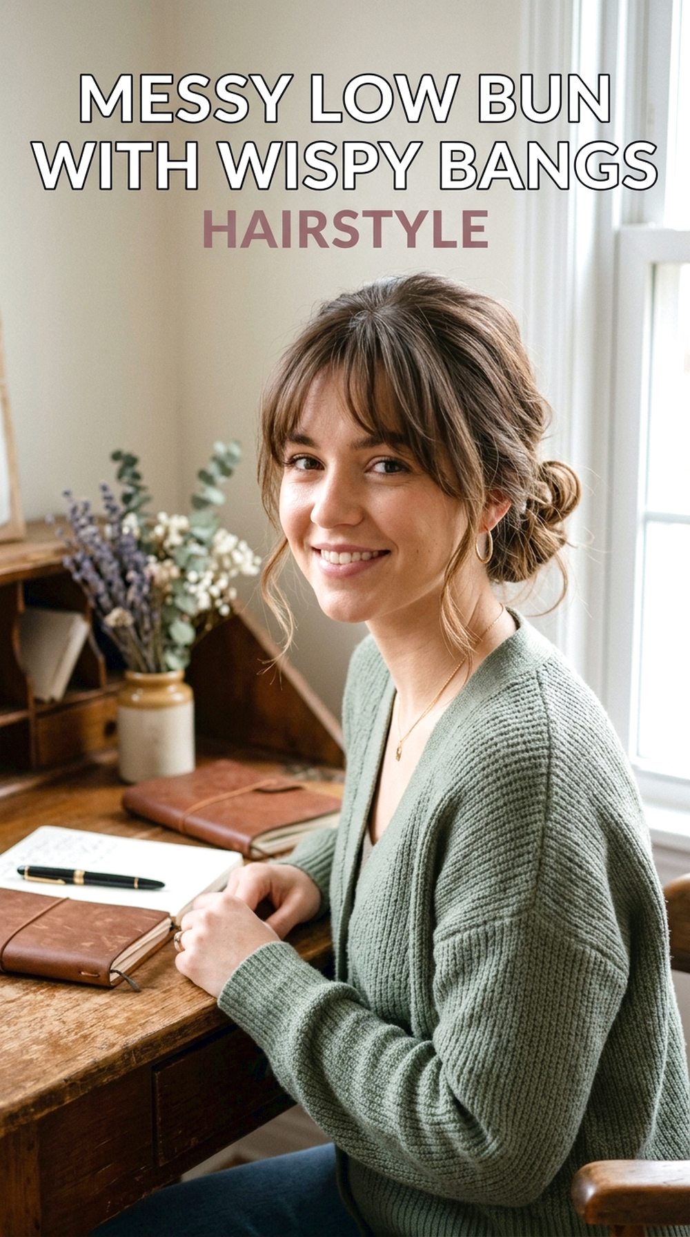 Messy Low Bun With Wispy Bangs Hairstyle