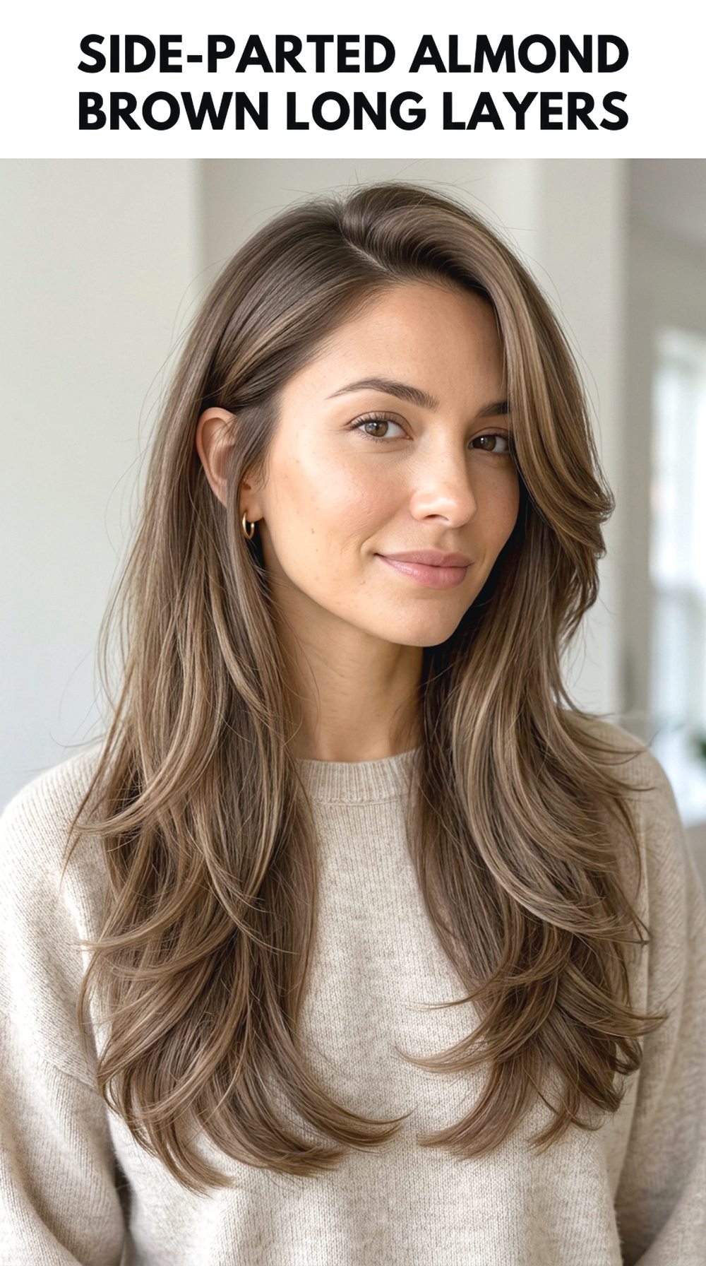 Side-Parted Almond Brown Long Layers