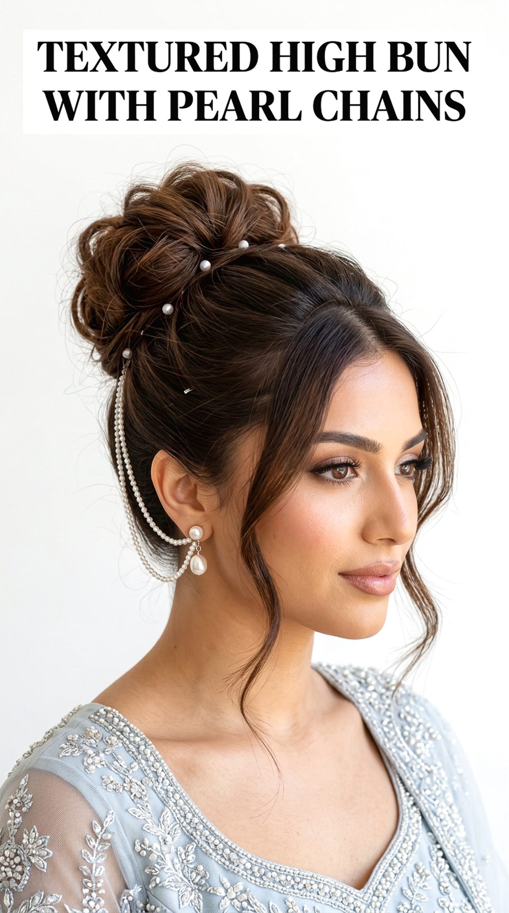 Textured High Bun With Pearl Chains